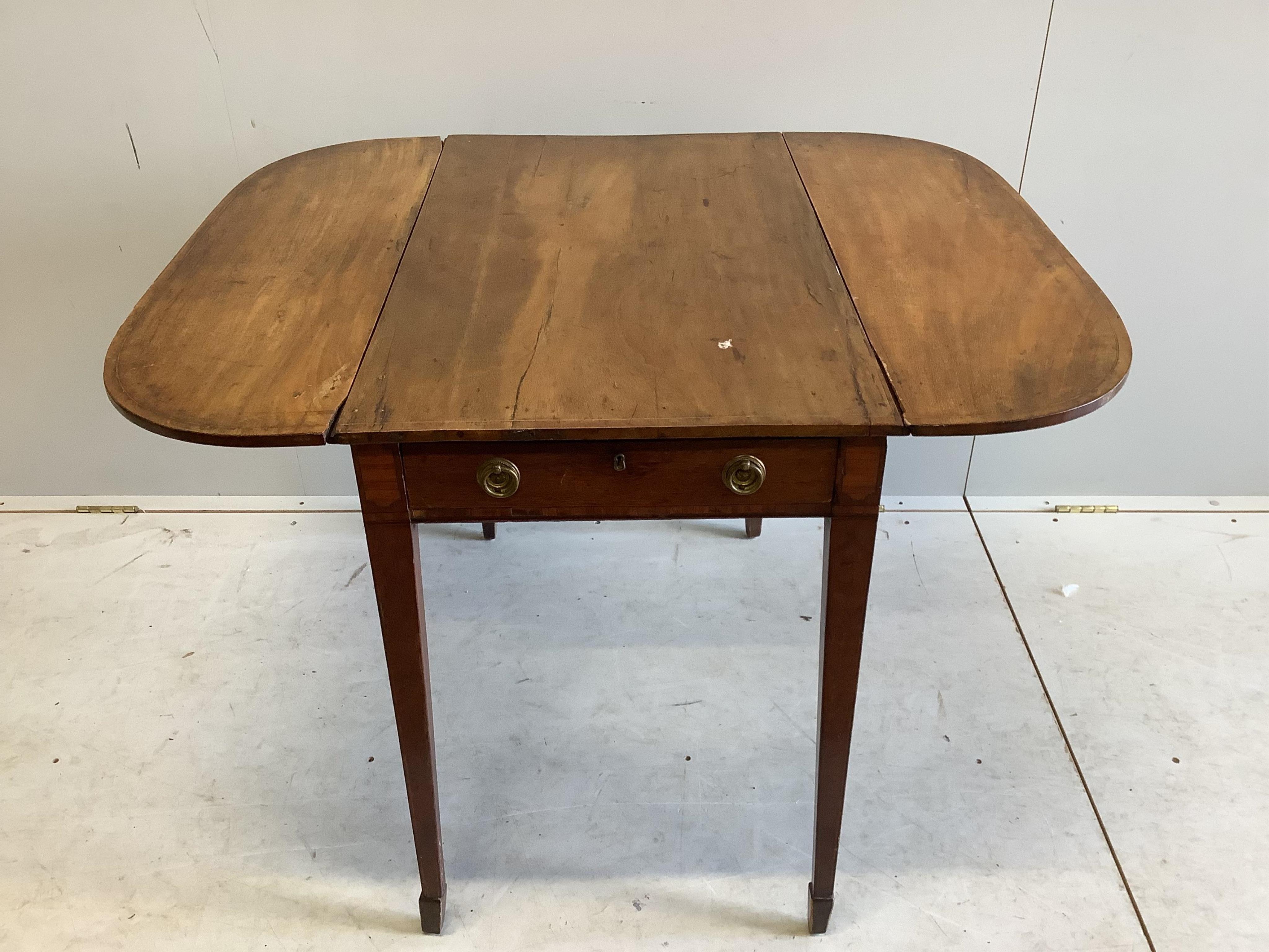 A George III mahogany single drop leaf table, width 90cm, depth 46cm, height 72cm. together with a George III mahogany Pembroke table. Condition - poor